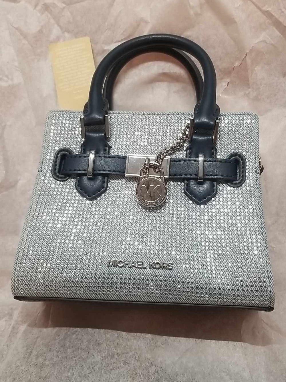 Michael Kors Silver Glitter Satchel with Black Handles